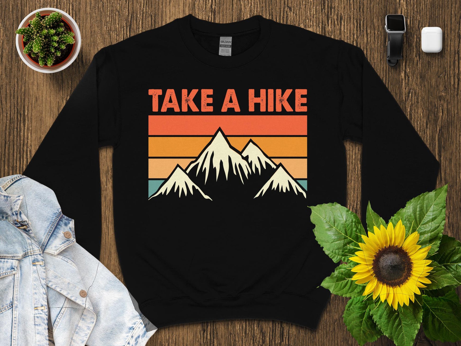 Black crewneck sweatshirt with mountains and retro stripes, "TAKE A HIKE" text.