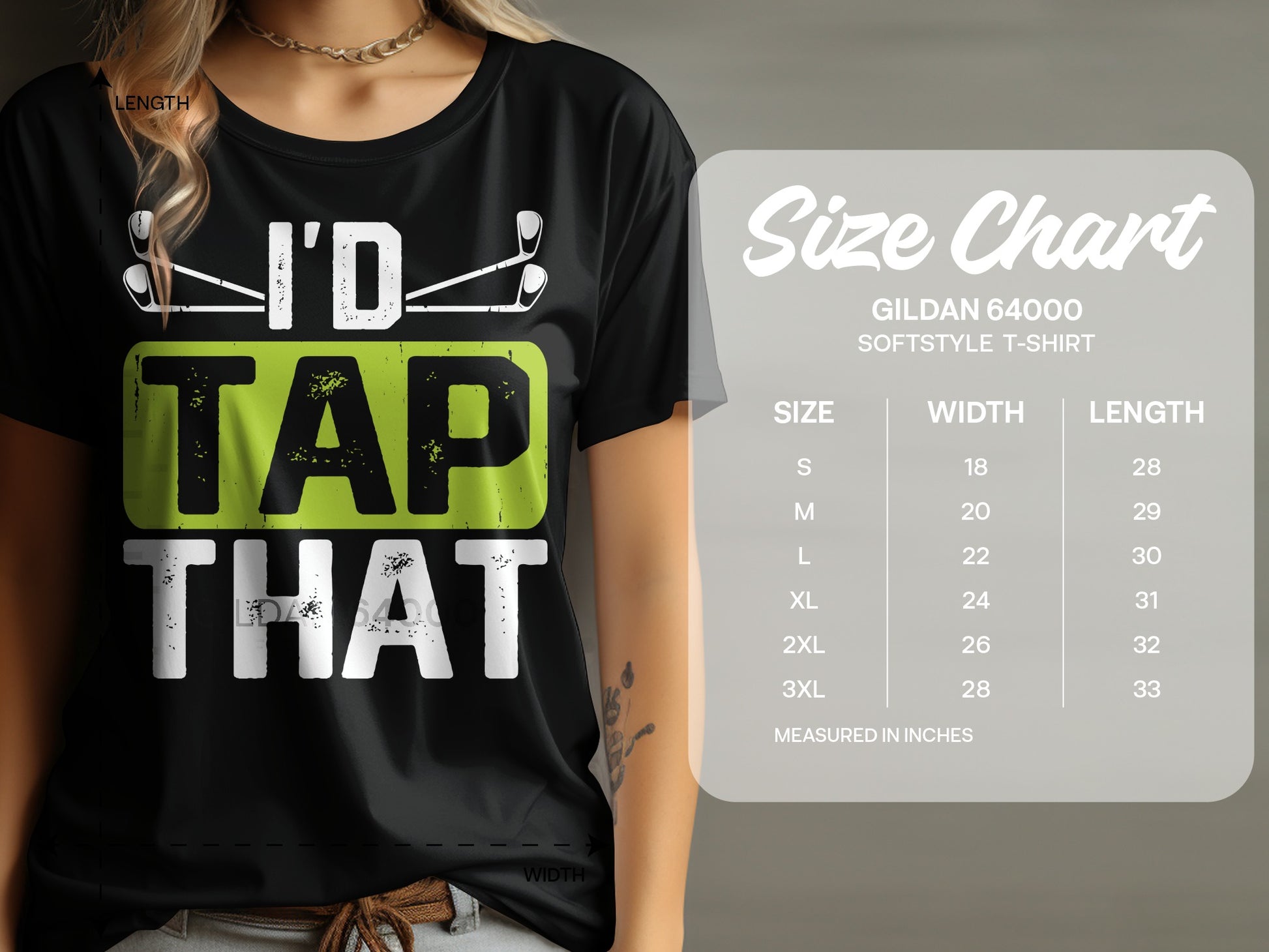 Black t-shirt with "I'D TAP THAT" and golf clubs. Size chart included.