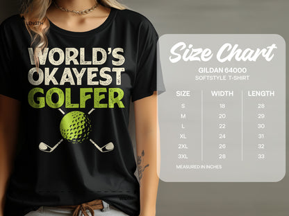 T-shirt with "World's Okayest Golfer" text and golf ball graphic.