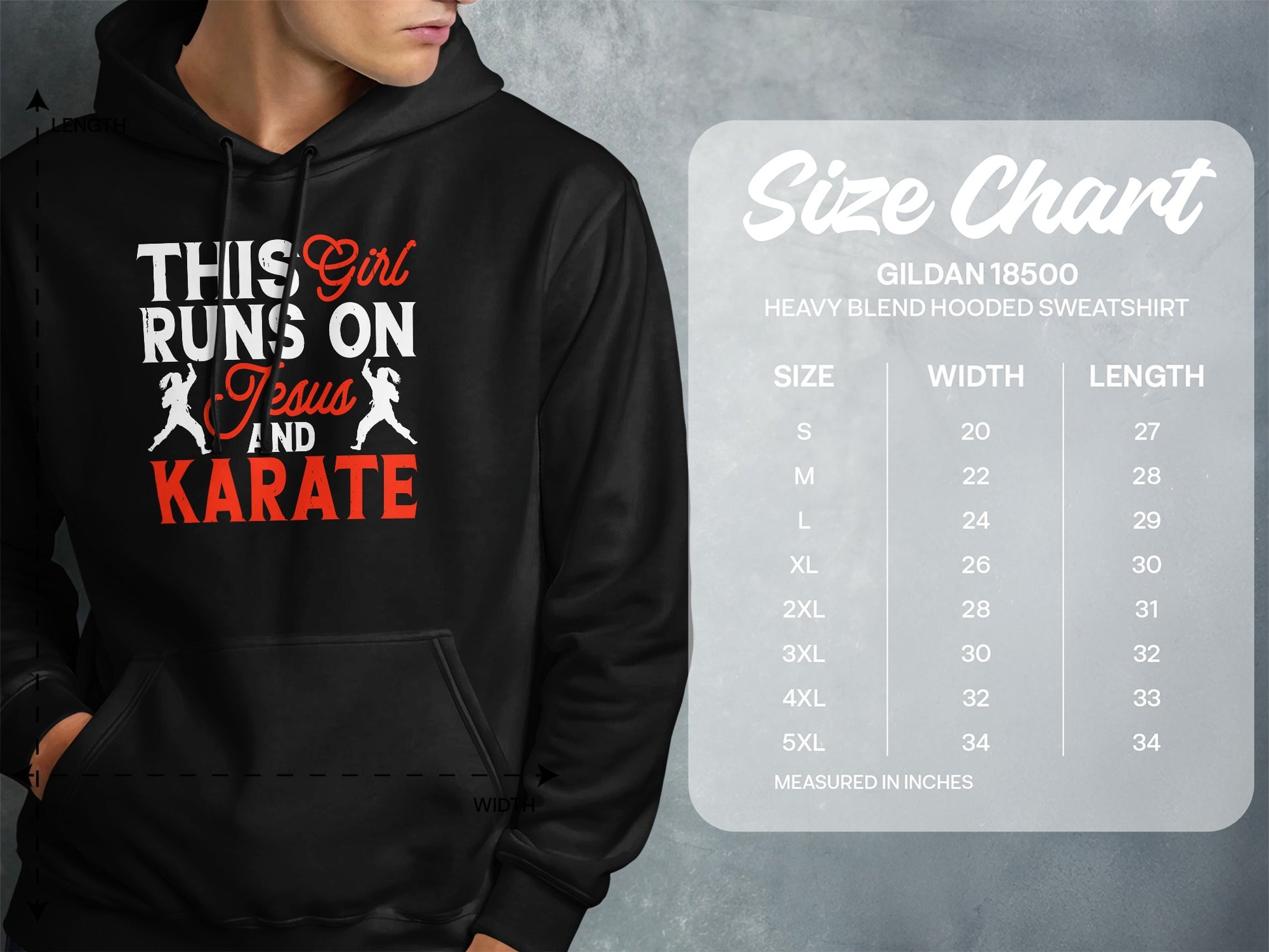 Hooded sweatshirt with "This girl runs on Jesus and karate" graphic and size chart.