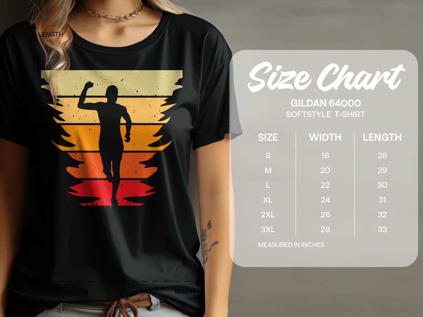 Black t-shirt with runner silhouette and size chart details.