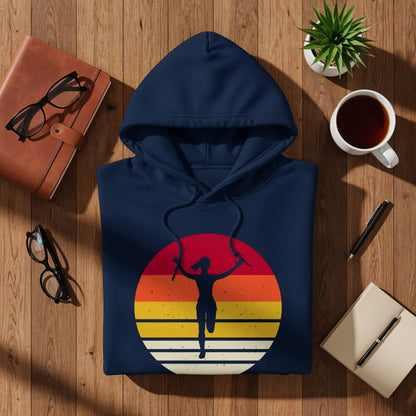 Navy hoodie with runner silhouette on a sunset graphic.