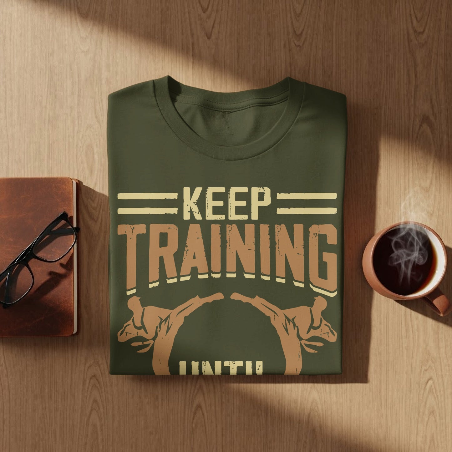 Olive green t-shirt with "KEEP TRAINING" and martial arts figures.