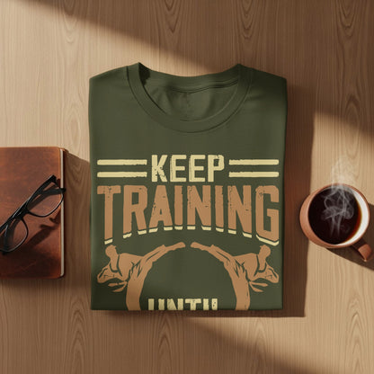 Olive green t-shirt with "KEEP TRAINING" and martial arts figures.
