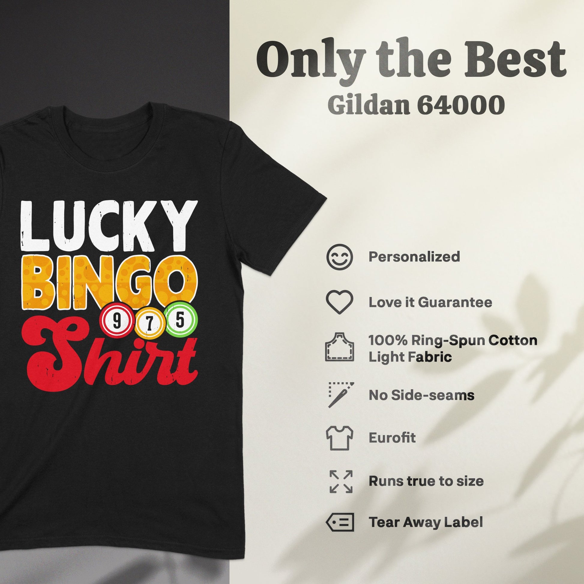 Black t-shirt with "Lucky Bingo Shirt" text and bingo balls.