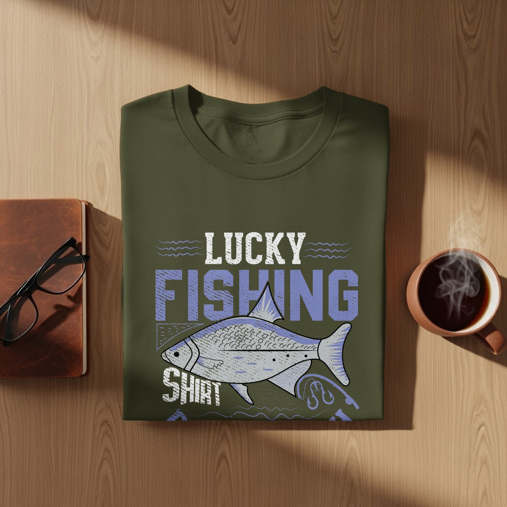 Green t-shirt with "Lucky Fishing" and a fish graphic.