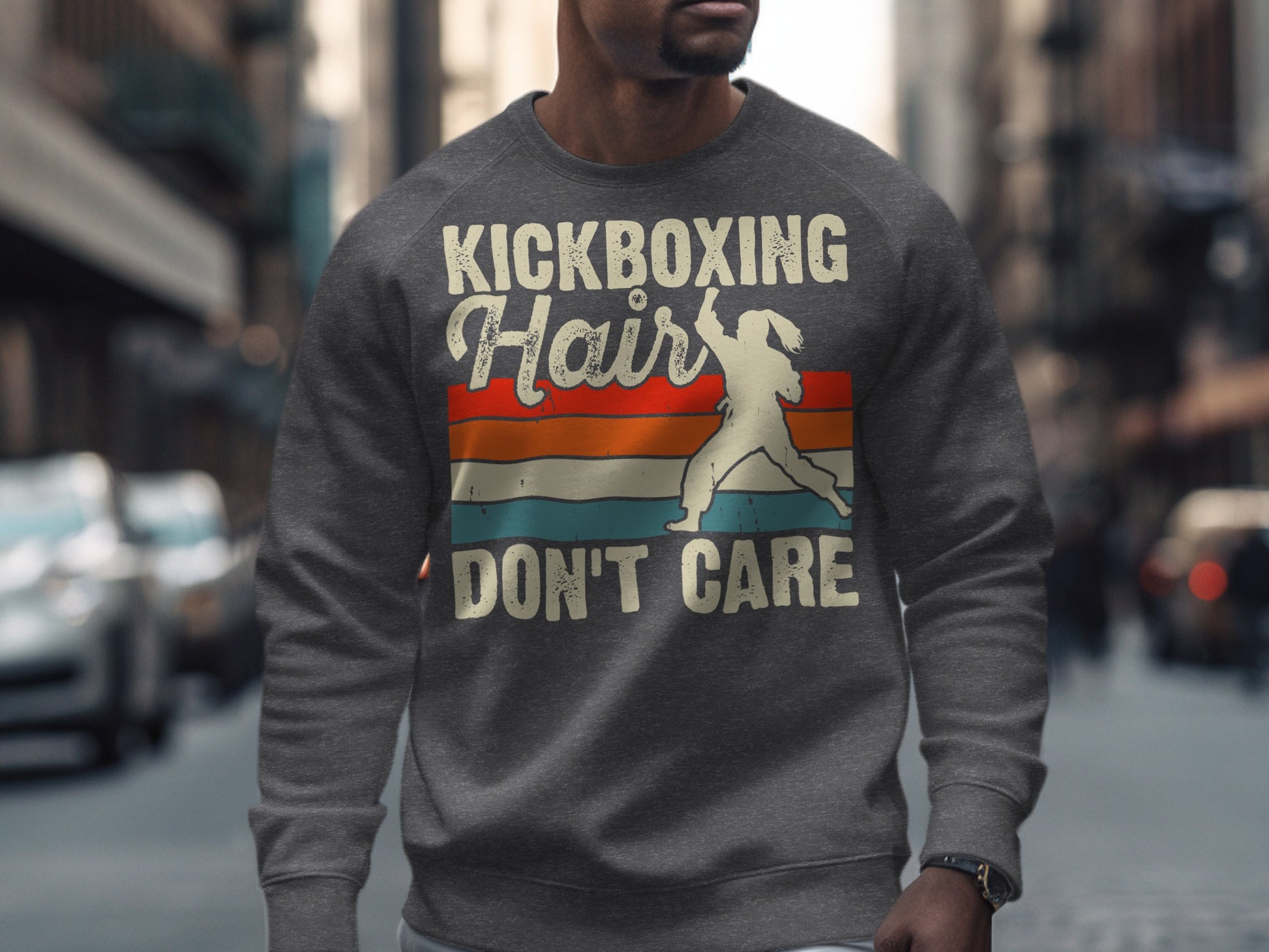 Gray sweatshirt with "Kickboxing Hair Don't Care" and a silhouetted fighter.