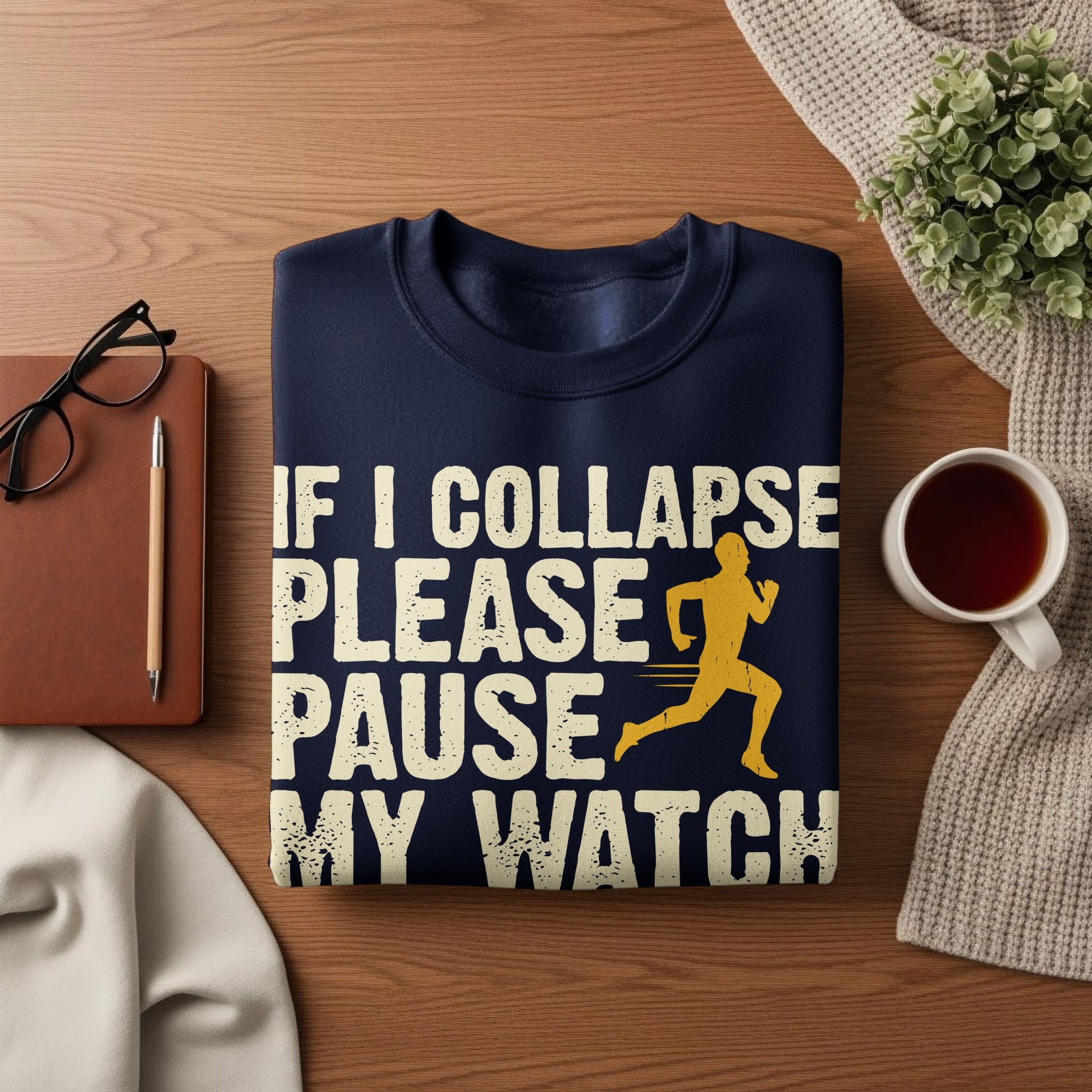 Navy sweatshirt with running graphic and "If I collapse please pause my watch" text.