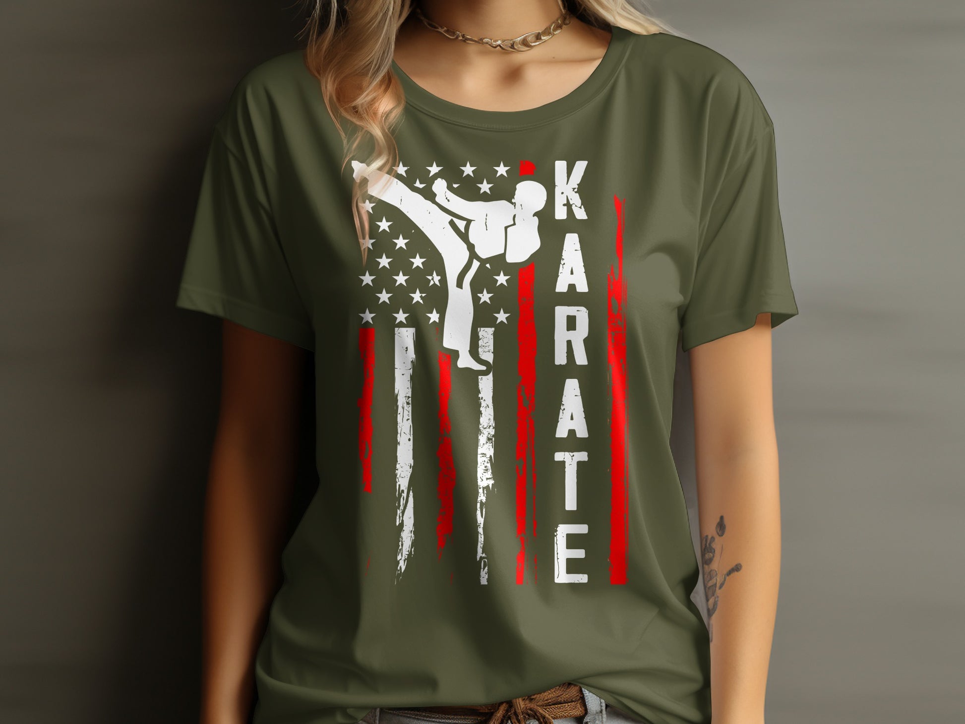 Karate fighter silhouette on distressed American flag t-shirt.