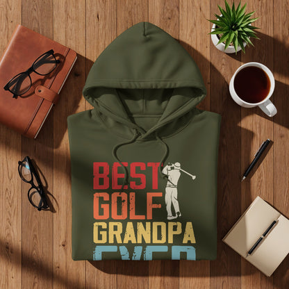 Green hoodie with "BEST GOLF GRANDPA EVER" text and golf graphic.