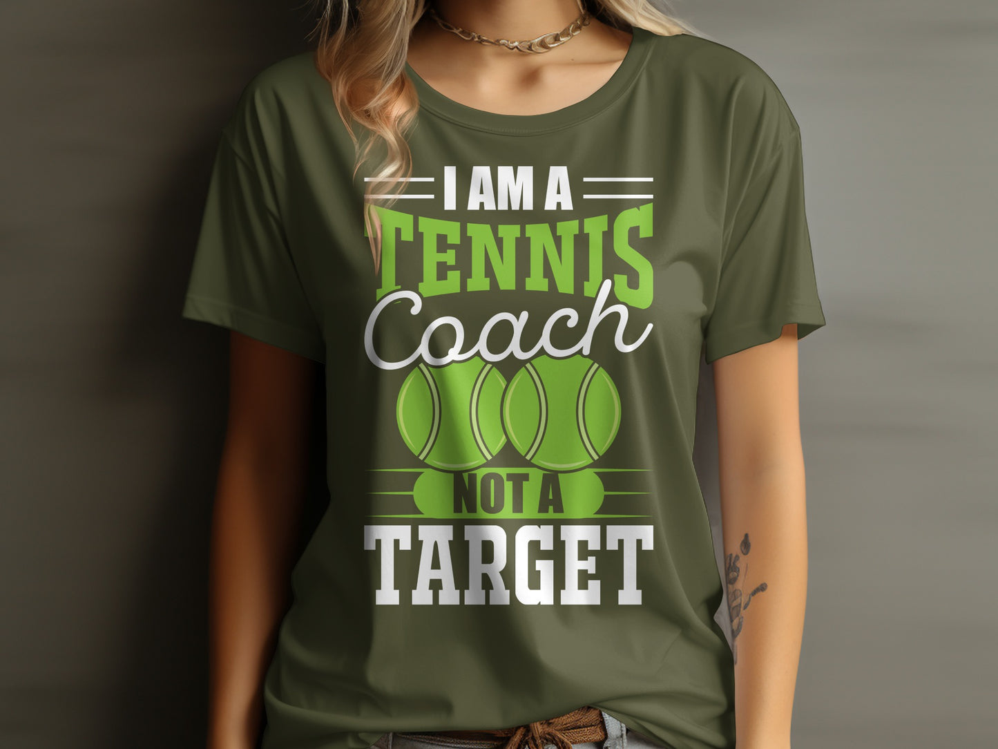 Green t-shirt with "I am a tennis coach, not a target" text and two tennis balls.