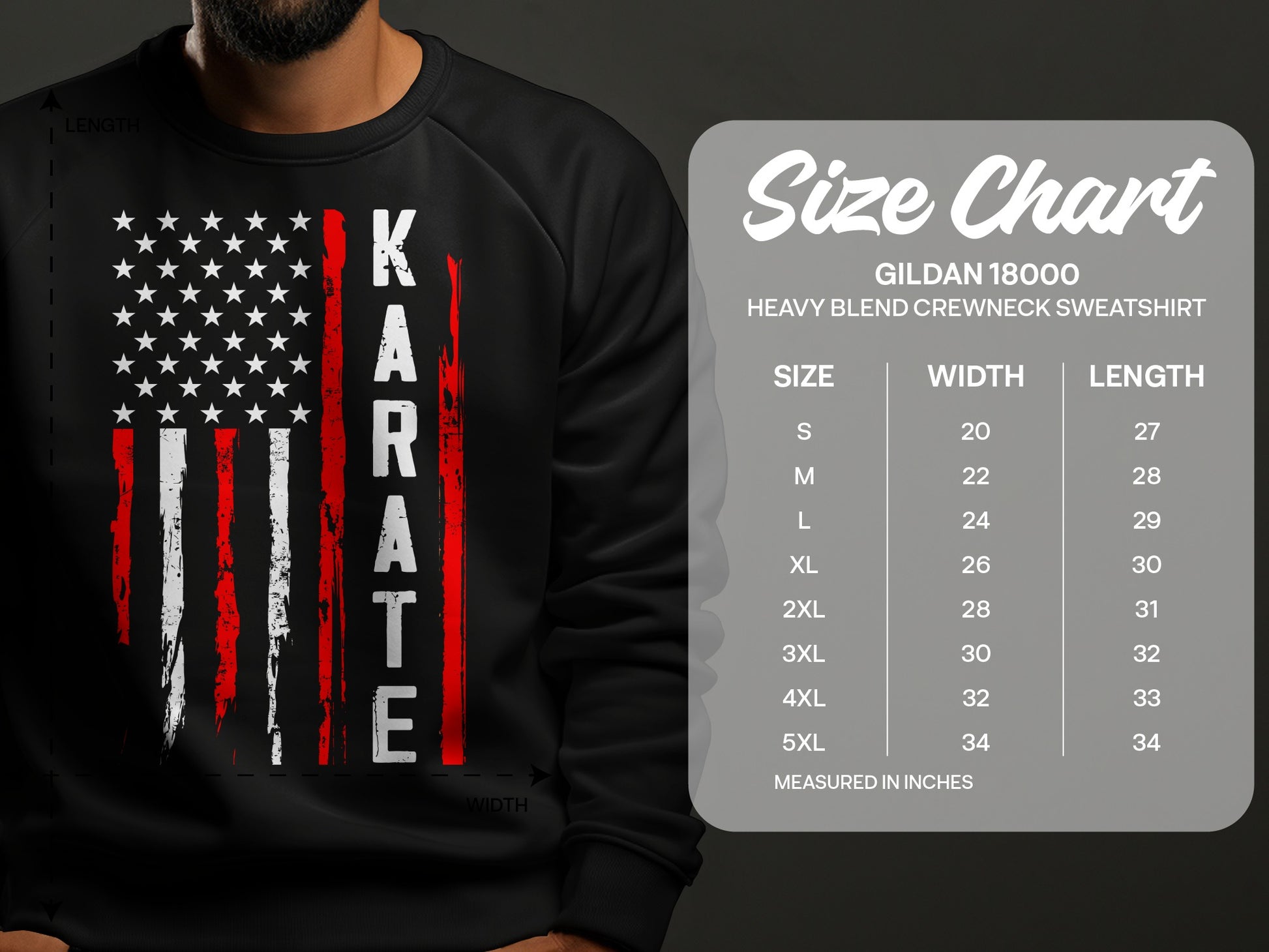 Gildan 18000 sweatshirt size chart with American flag graphic.