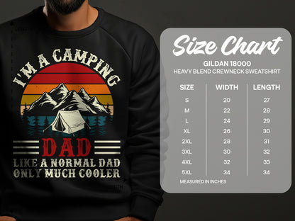 Black sweatshirt with "I'm a camping dad like a normal dad only much cooler" text and size chart.