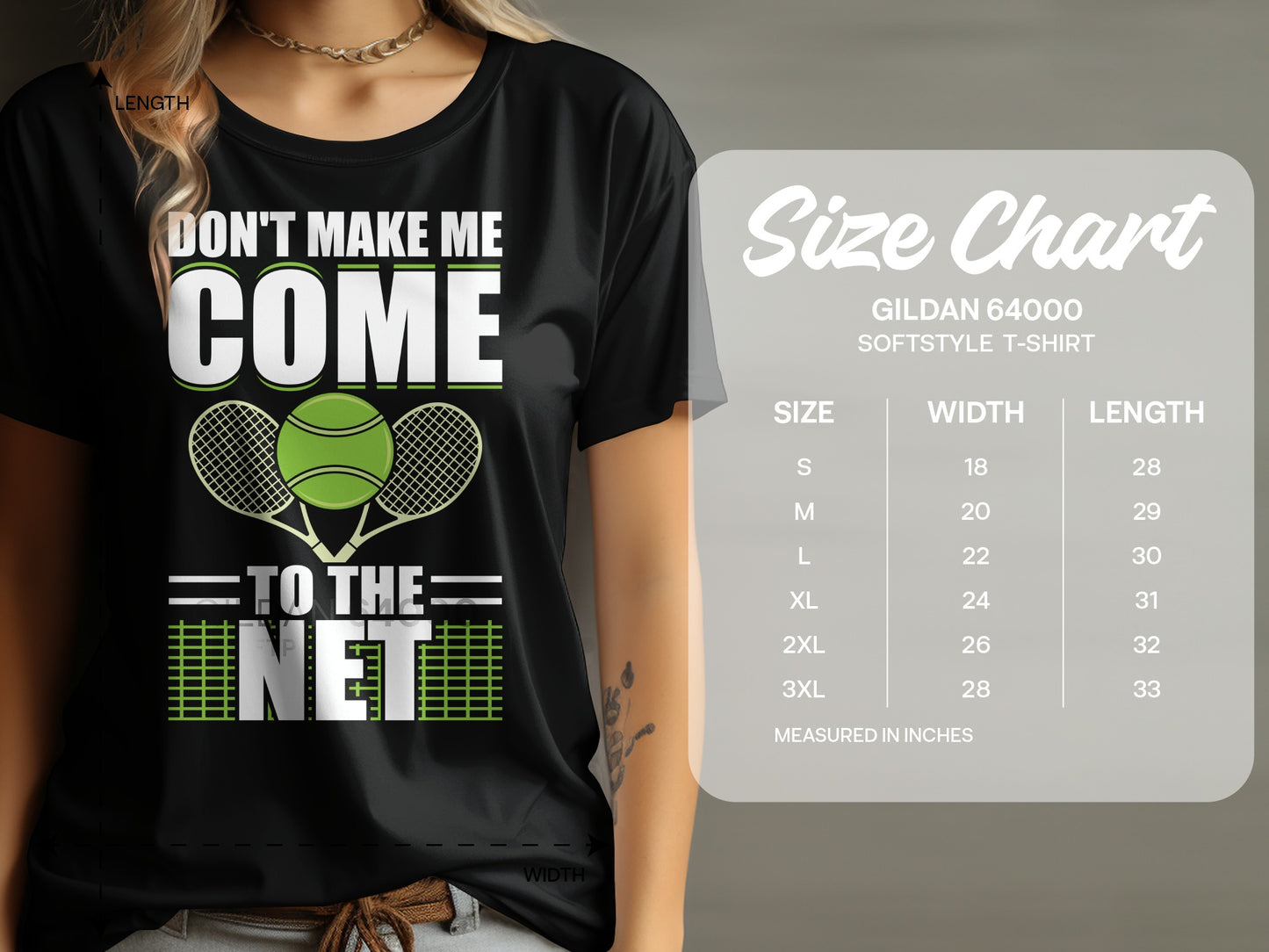 T-shirt with "Don't Make Me Come to the Net" text, tennis balls, and size chart.