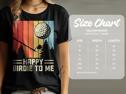 T-shirt with "Happy Birdie to Me" golf graphic and size chart.