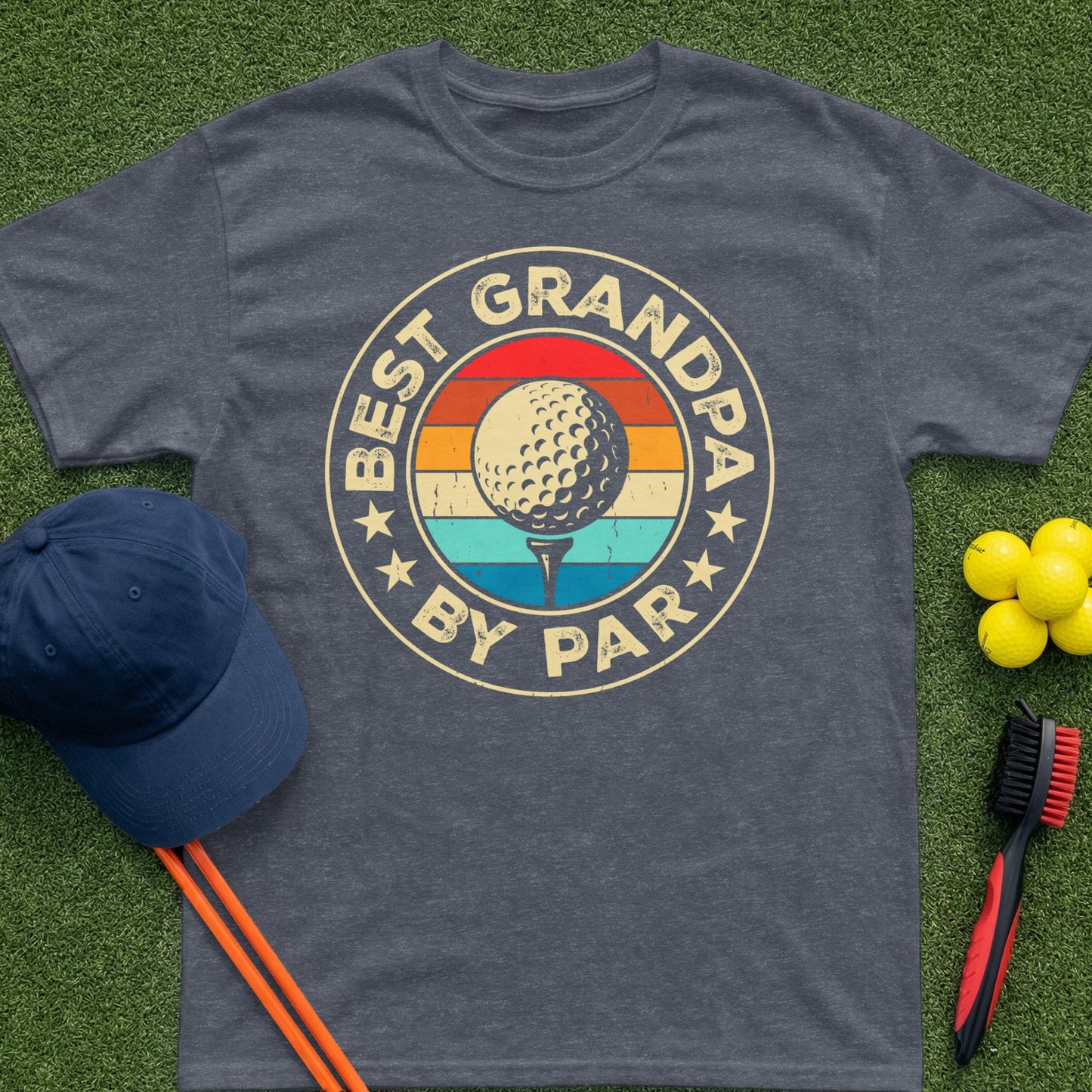 T-shirt with "Best Grandpa By Par" text and golf ball graphic.