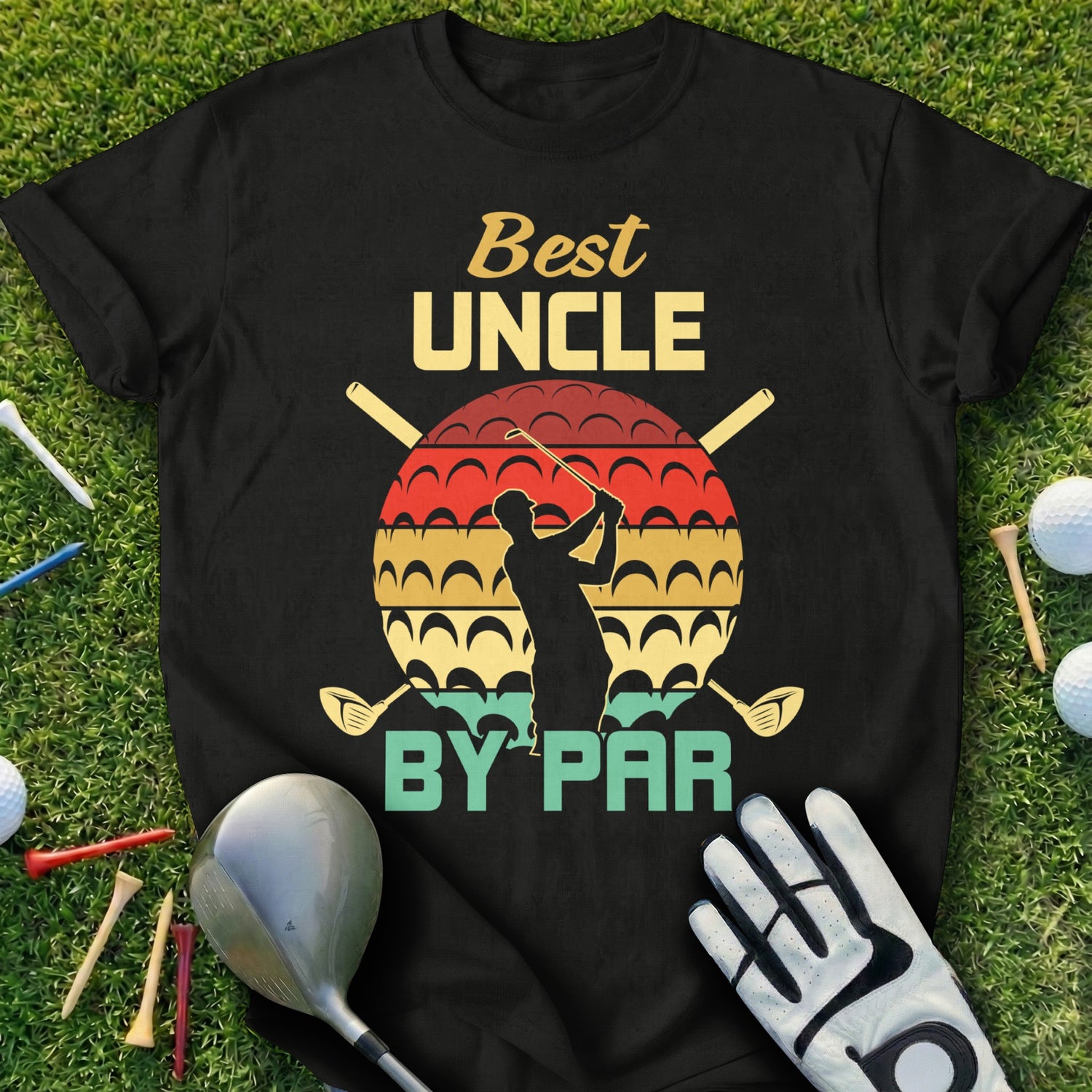 Black t-shirt with "Best Uncle by Par" text and golfer silhouette.