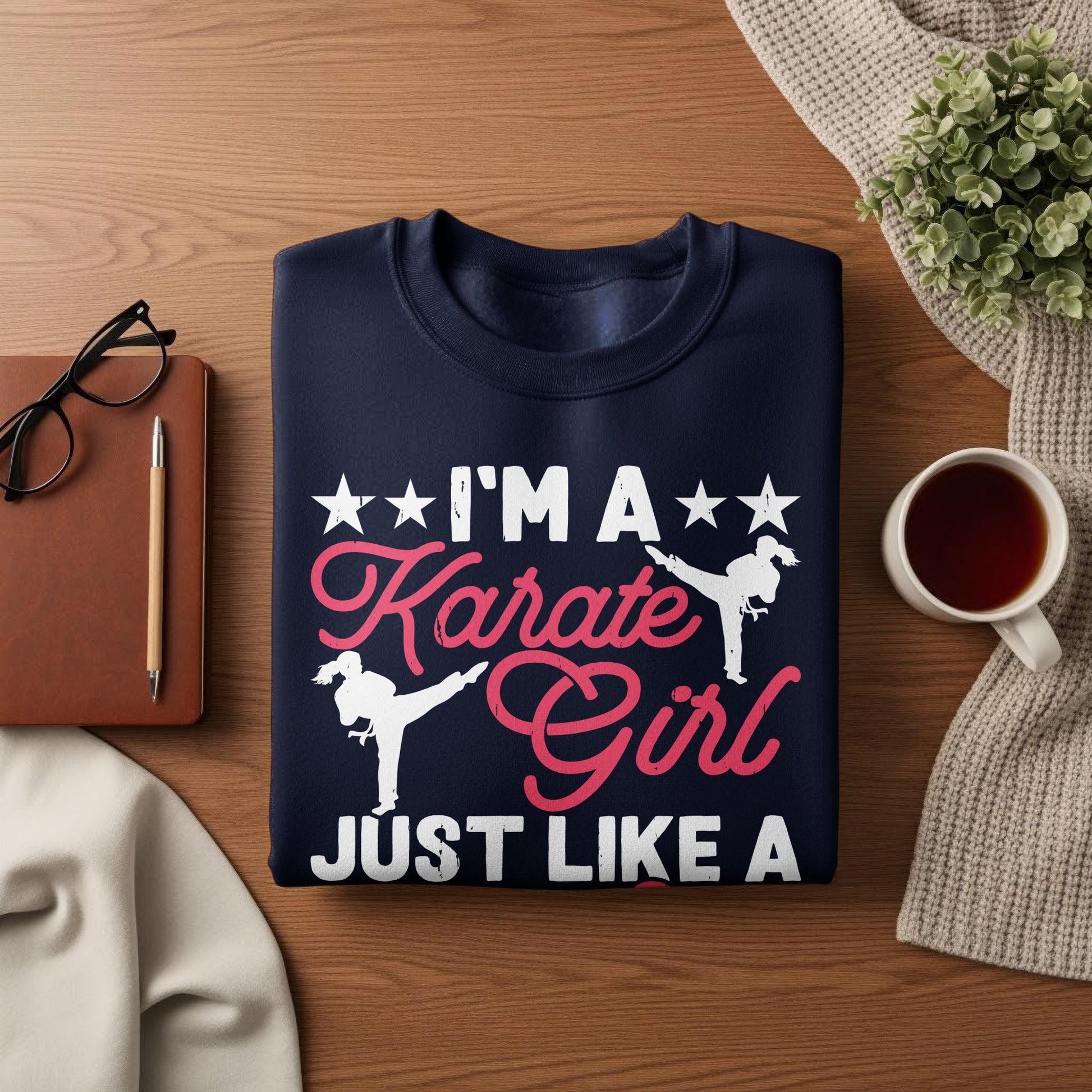 Navy sweatshirt with "I'm a Karate Girl Just Like A" text and silhouettes.