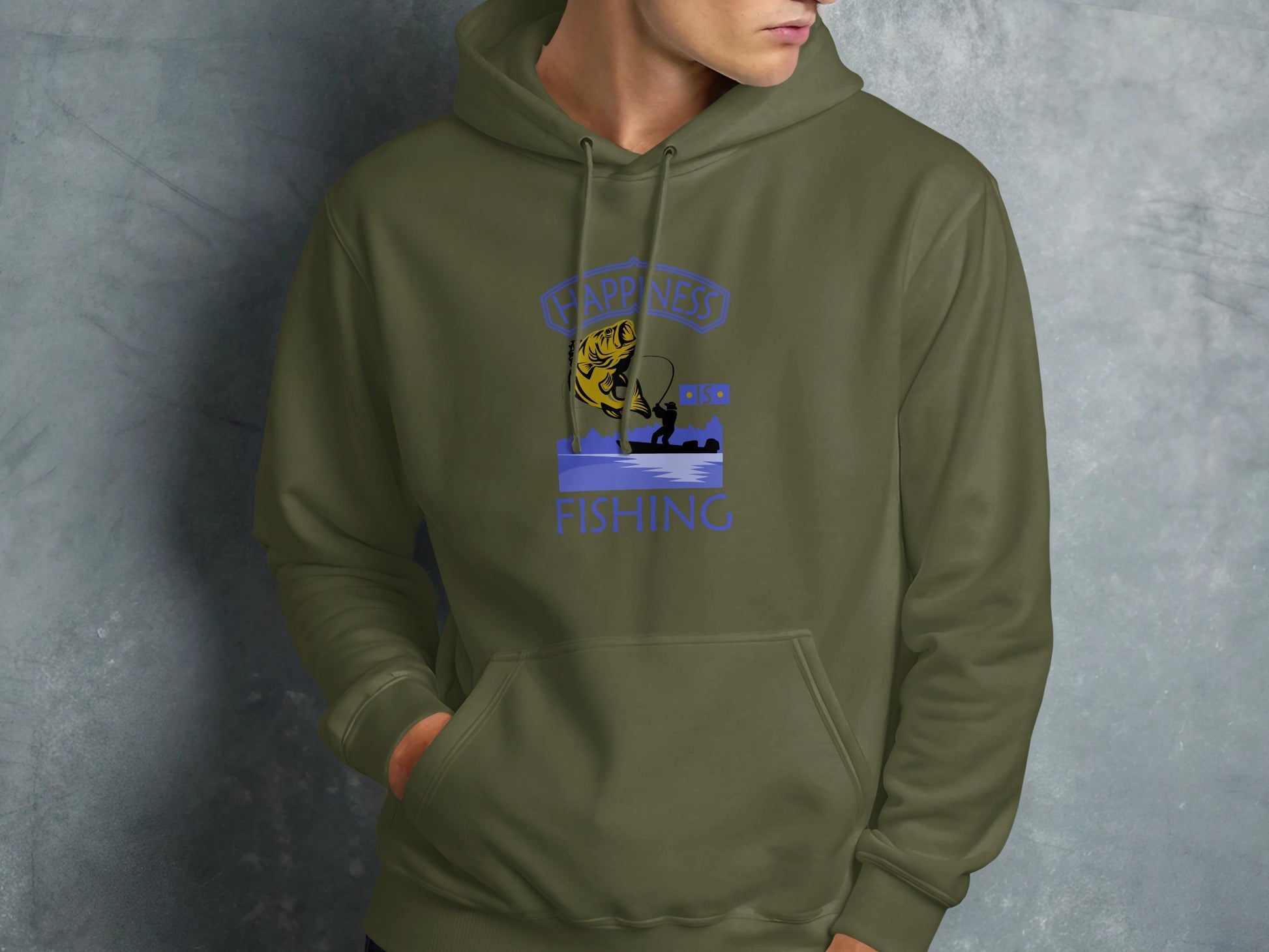 Olive green hoodie with "Happiness is Fishing" text and fishing graphic.