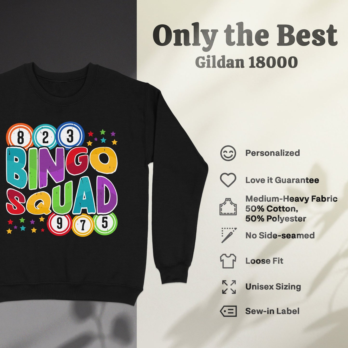 Black sweatshirt with "Bingo Squad" text and colorful bingo balls.