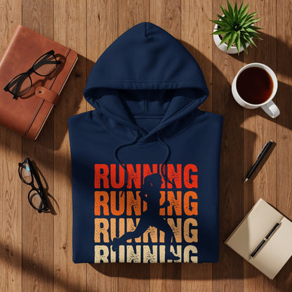 Navy blue hoodie with "RUNNING" text and runner silhouette in sunset colors.