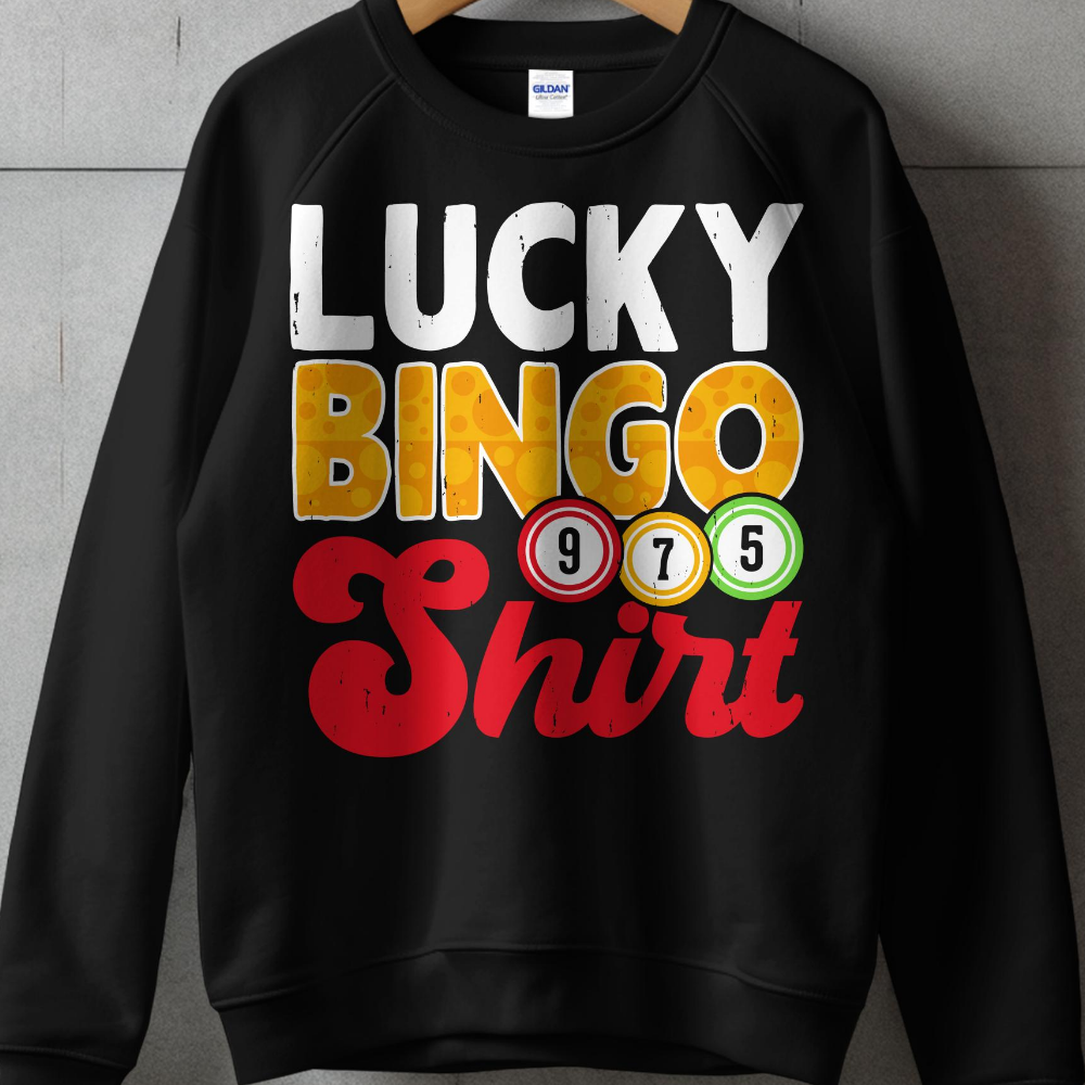 Black sweatshirt with "Lucky Bingo Shirt" and bingo balls.