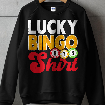 Black sweatshirt with "Lucky Bingo Shirt" and bingo balls.
