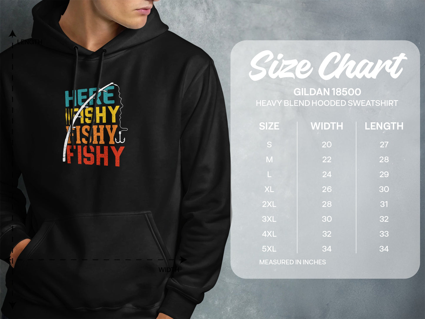 Gildan 18500 hooded sweatshirt size chart with measurements in inches.