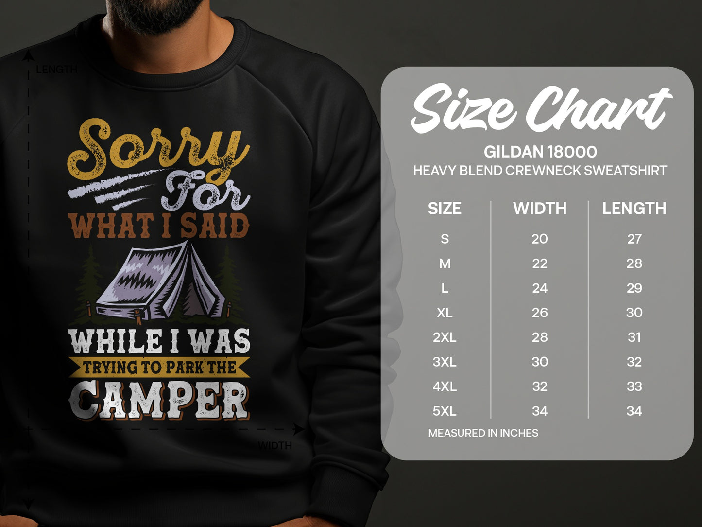 Black sweatshirt with "Sorry for what I said while I was trying to park the camper" and size chart.