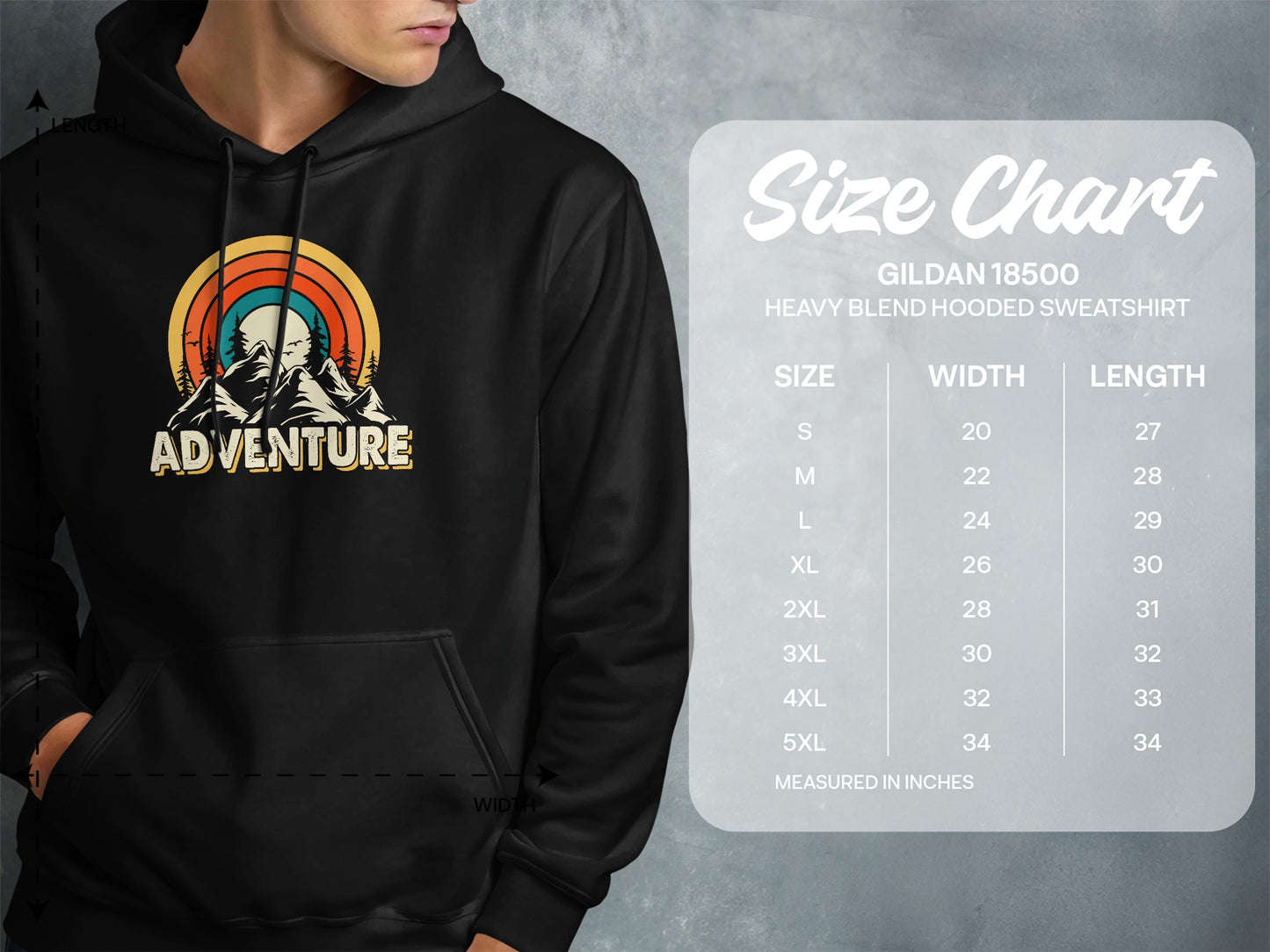 Gildan 18500 hooded sweatshirt size chart with Adventure graphic.