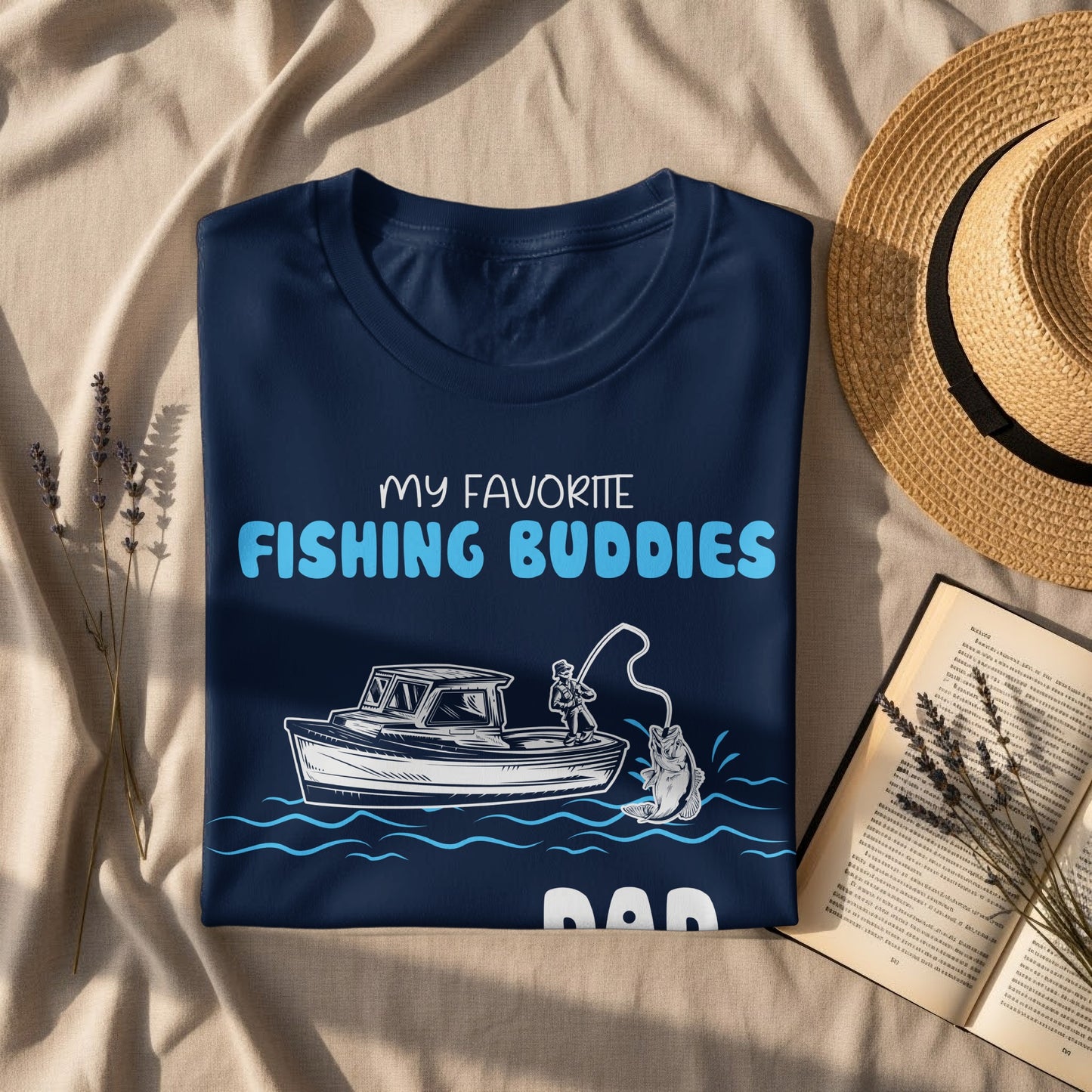 Navy t-shirt with "MY FAVORITE FISHING BUDDIES" and a boat with a fisherman.