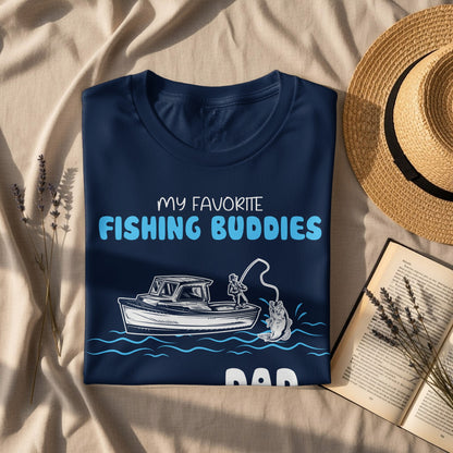 Navy t-shirt with "MY FAVORITE FISHING BUDDIES" and a boat with a fisherman.