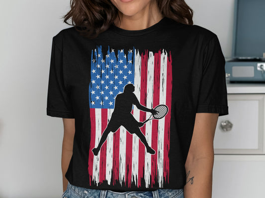 Black t-shirt with distressed American flag and tennis player silhouette.