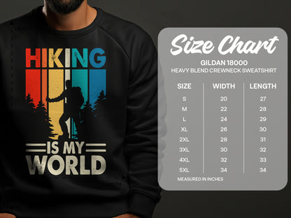 Crewneck sweatshirt with hiking graphic and size chart.