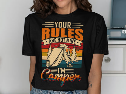 Black t-shirt with graphic saying "Your Rules Are Not Mine, I'm a Camper".
