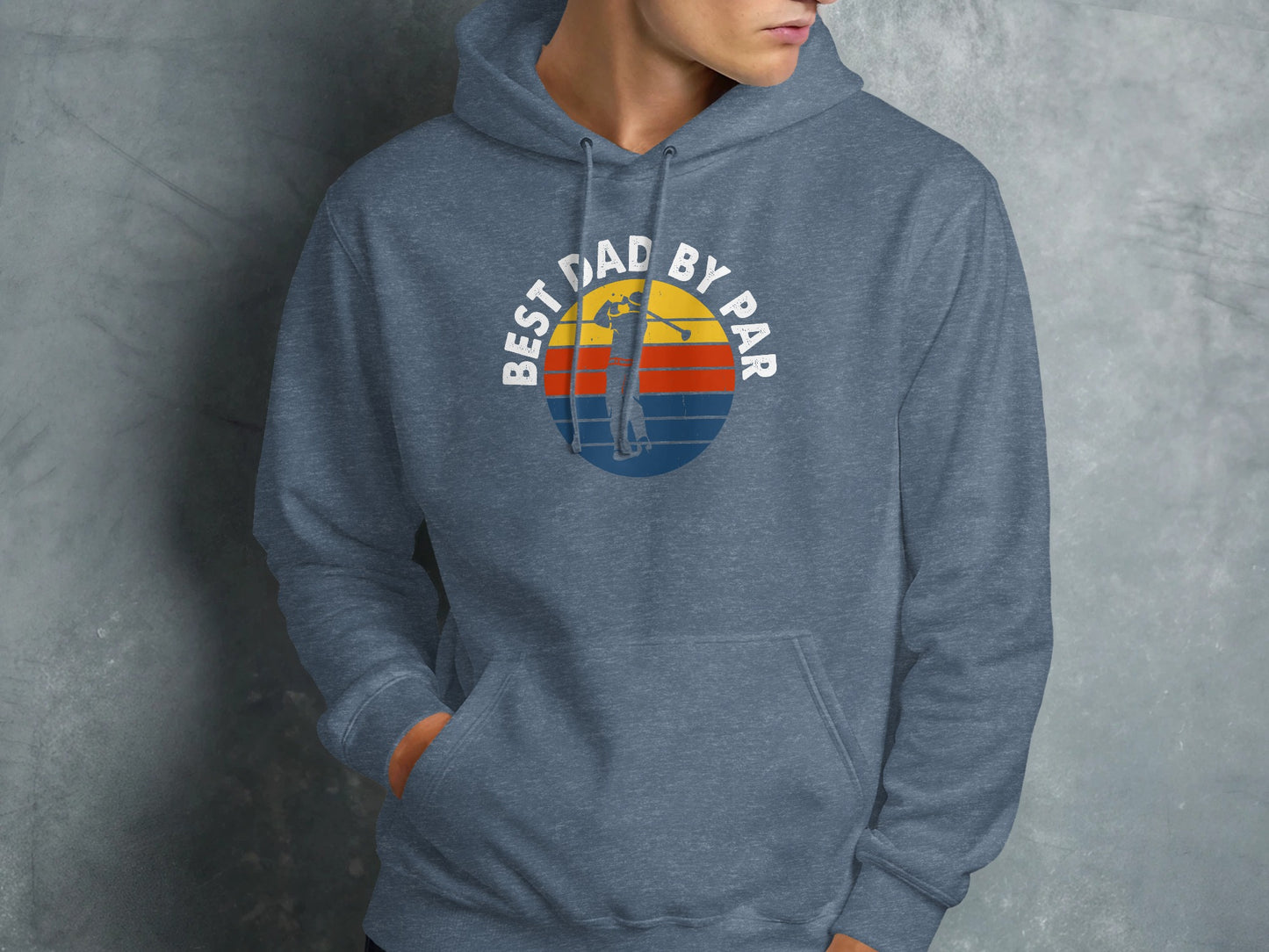Blue hoodie with "Best Dad by Par" text and a golfer graphic.