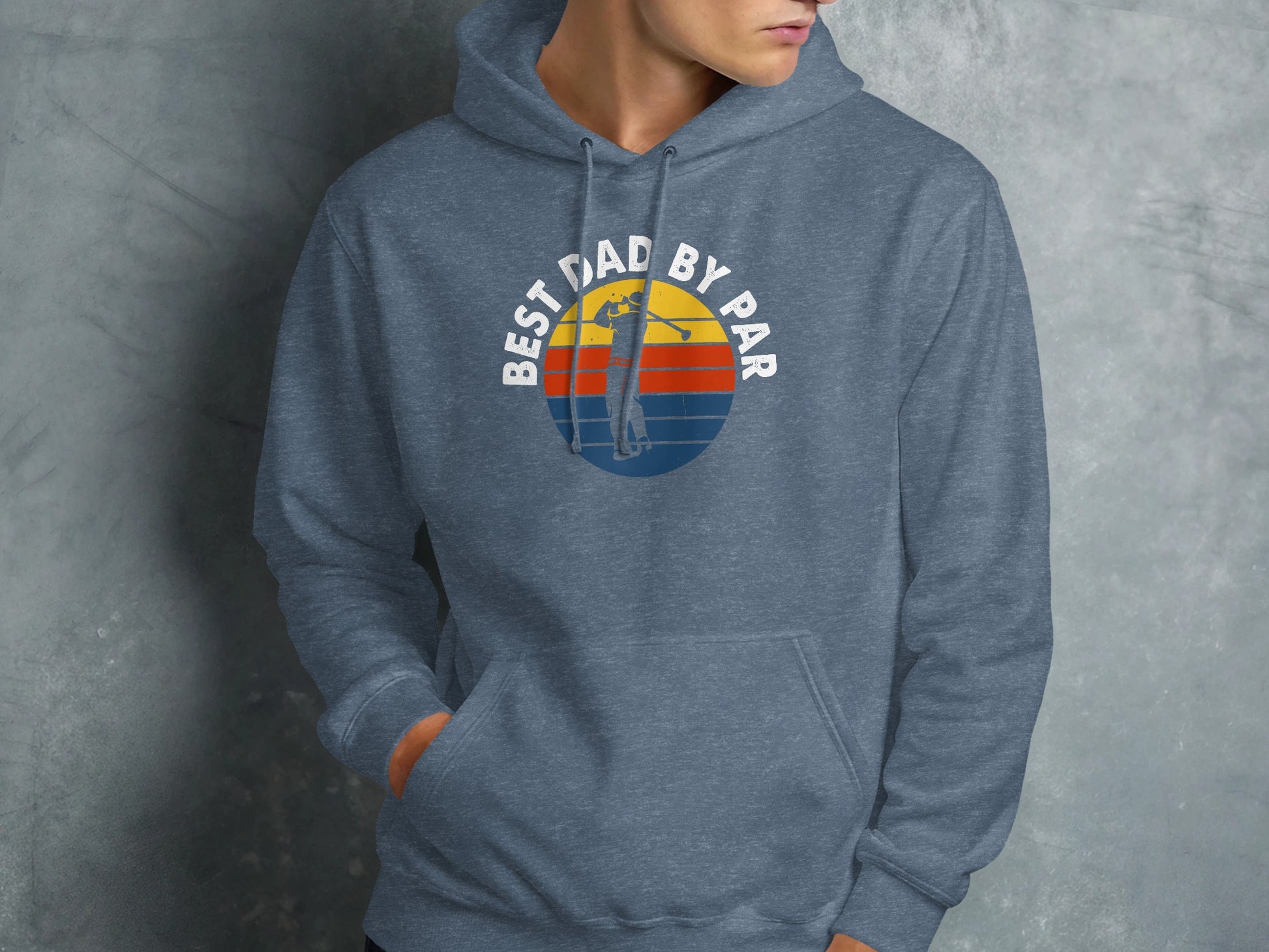 Blue hoodie with "Best Dad by Par" text and a golfer graphic.