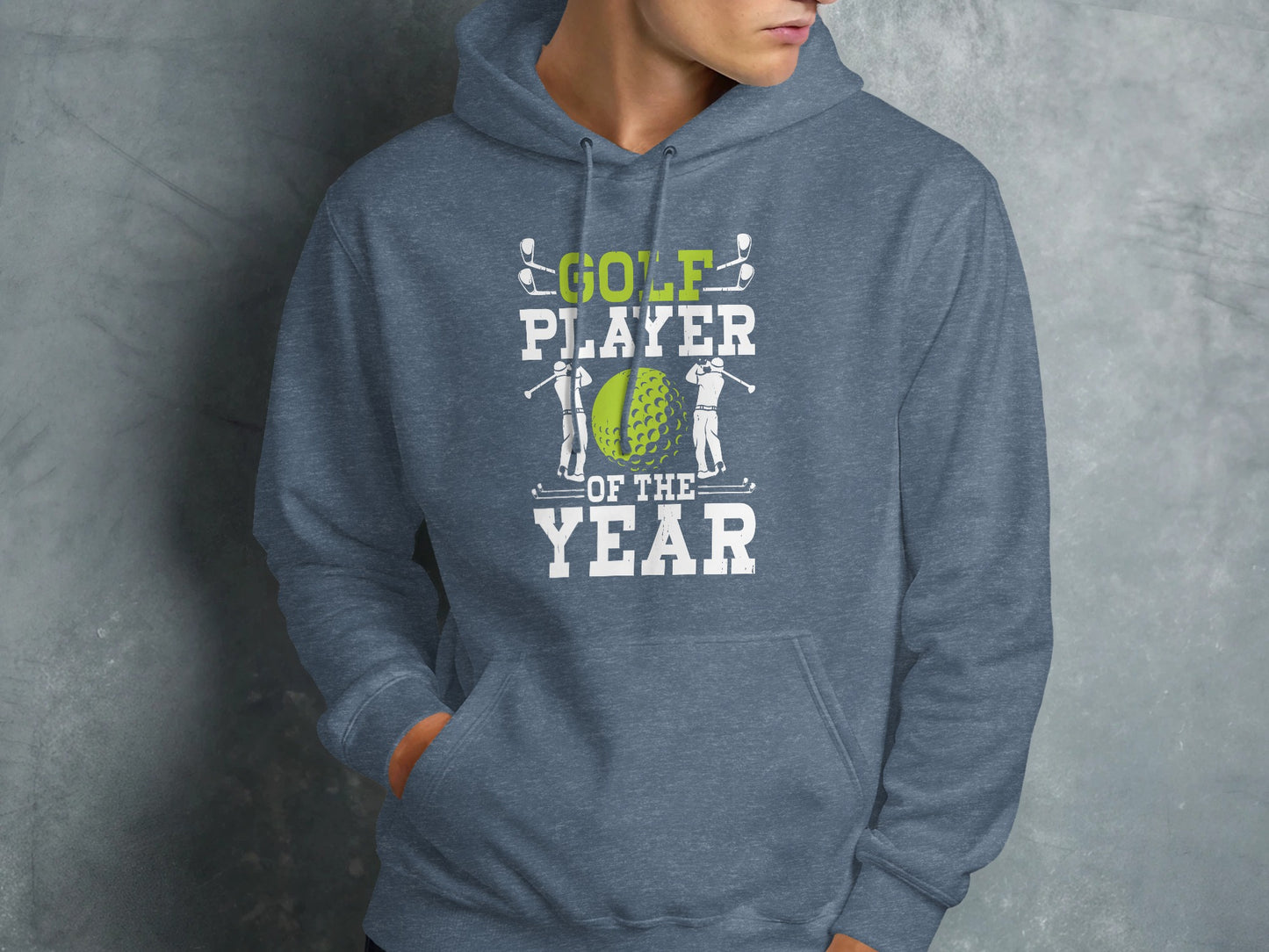Grey hoodie with "Golf Player of the Year" text and golf graphics.