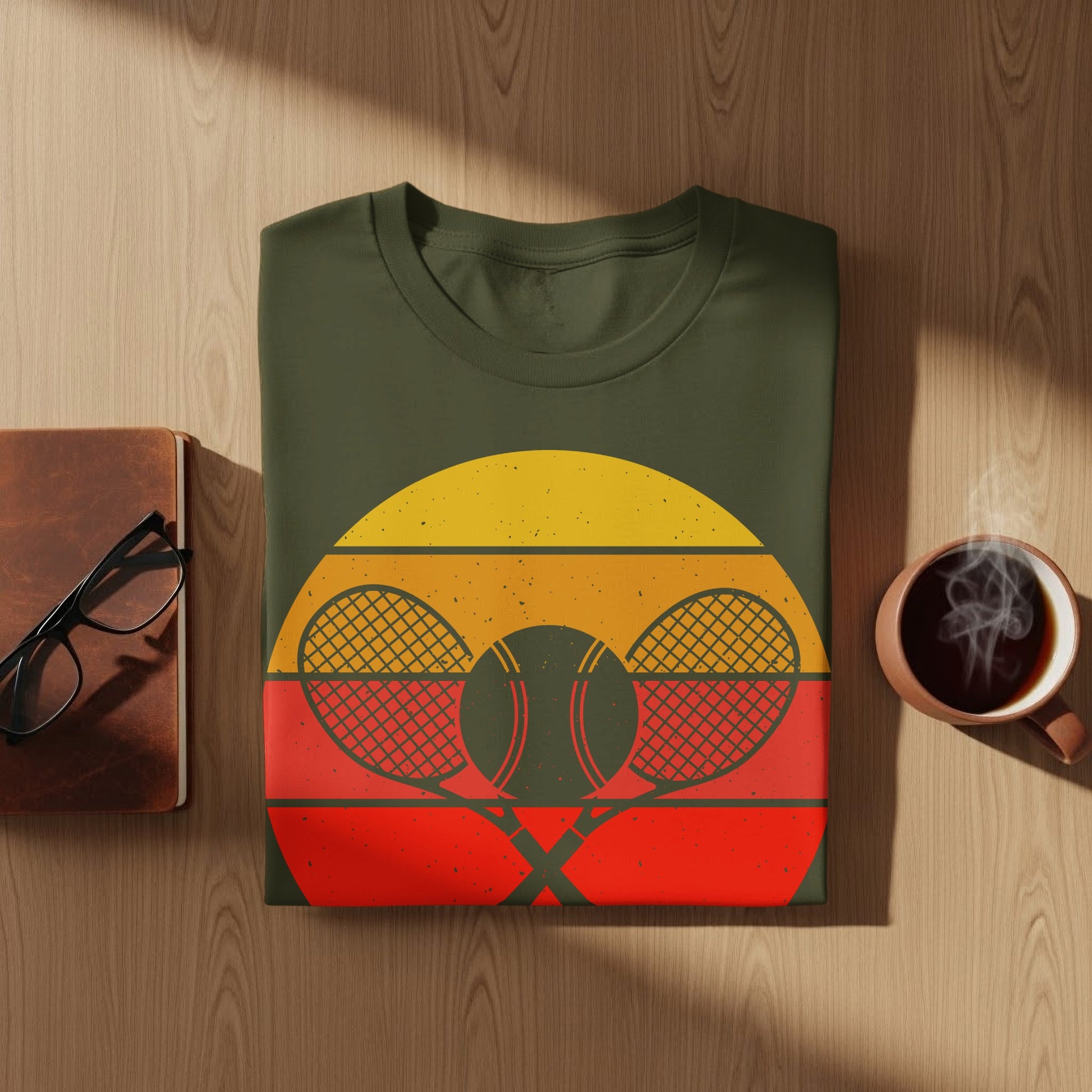 Green t-shirt with crossed tennis rackets and ball graphic, vintage sunset design.