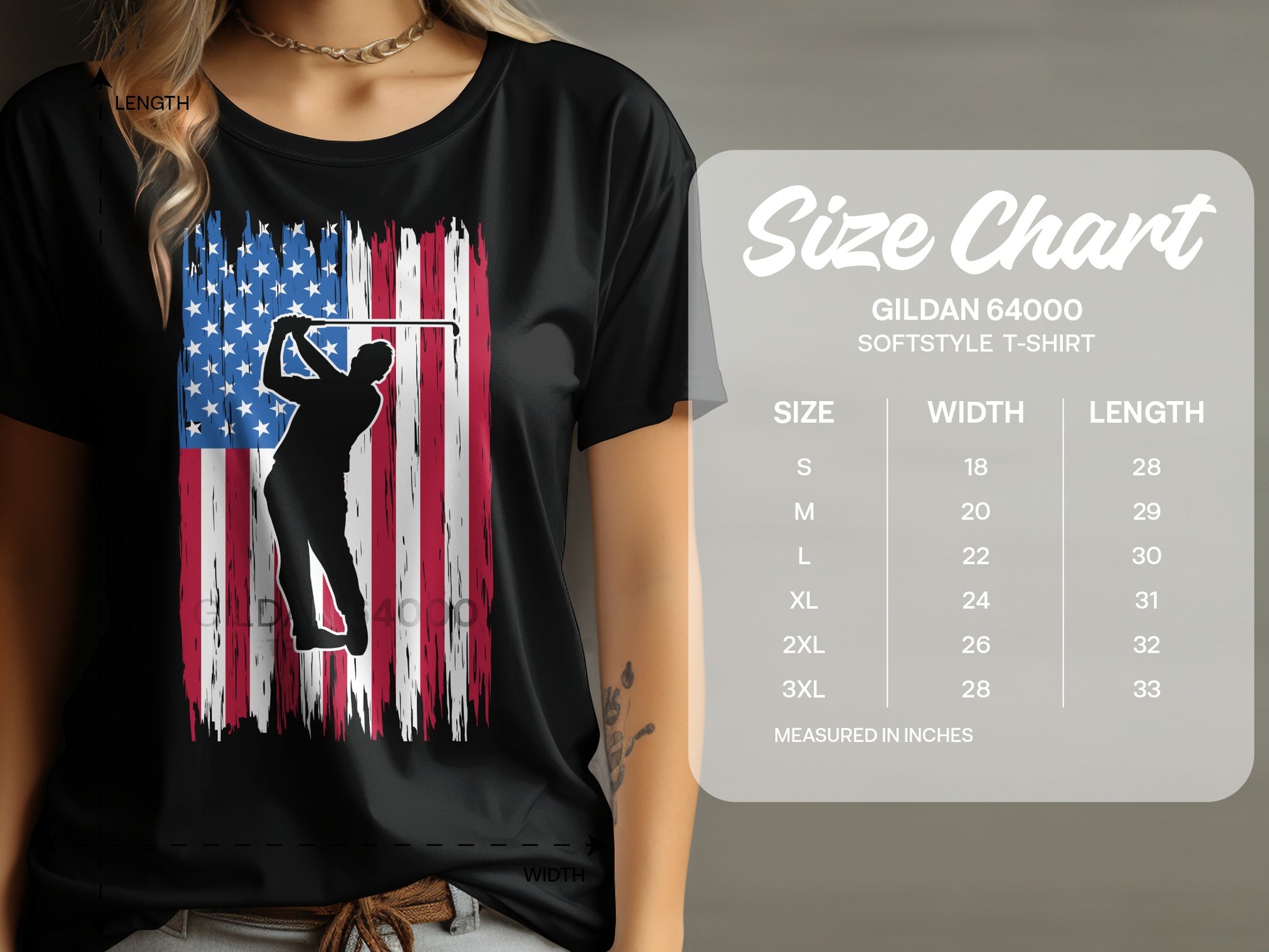 T-shirt with American flag and golfer graphic, next to size chart.