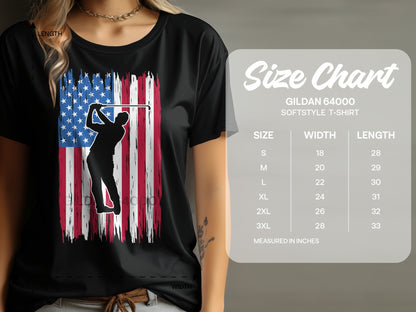 T-shirt with American flag and golfer graphic, next to size chart.