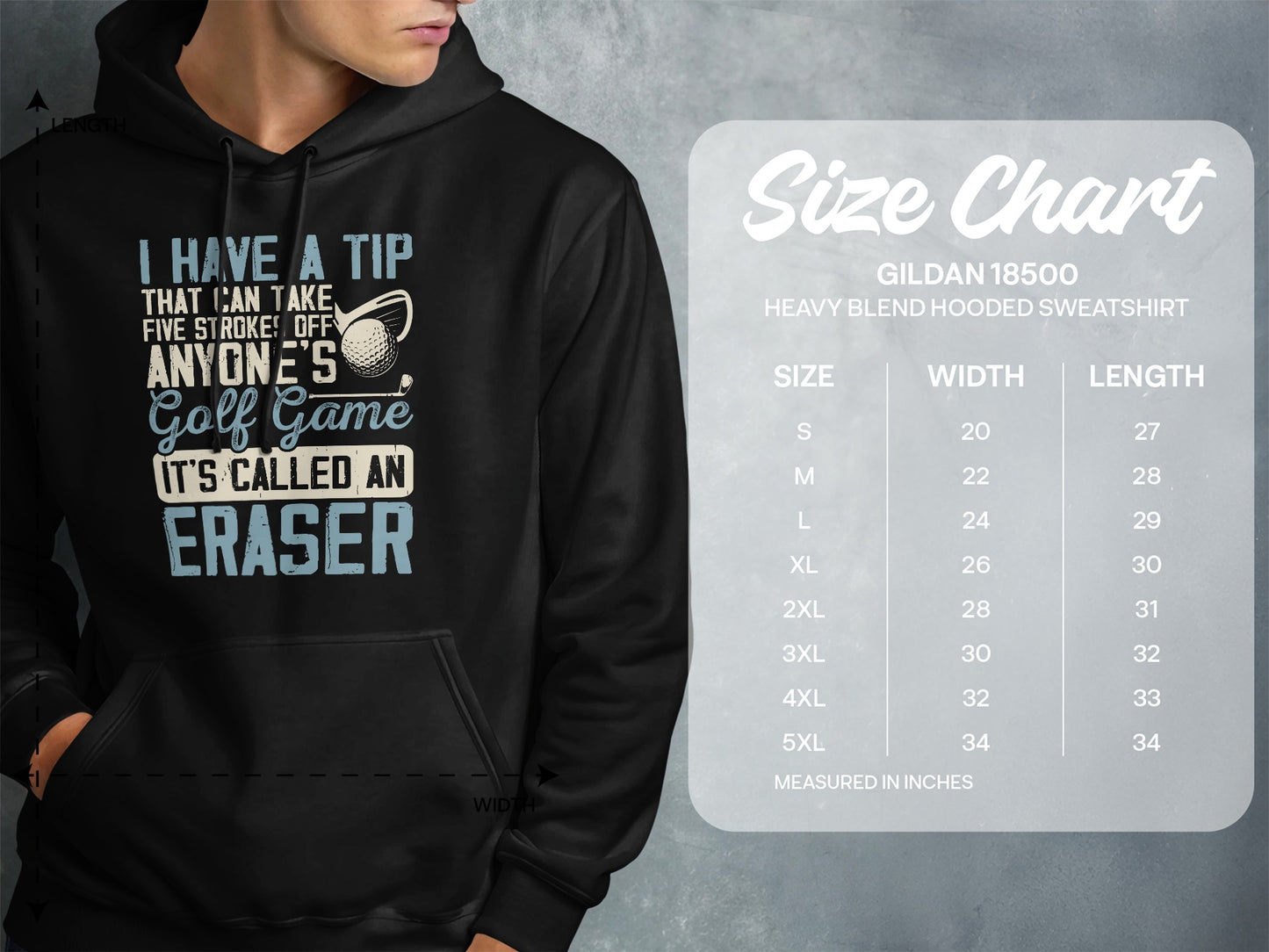 Hoodie with "Golf Game Eraser" text and size chart.