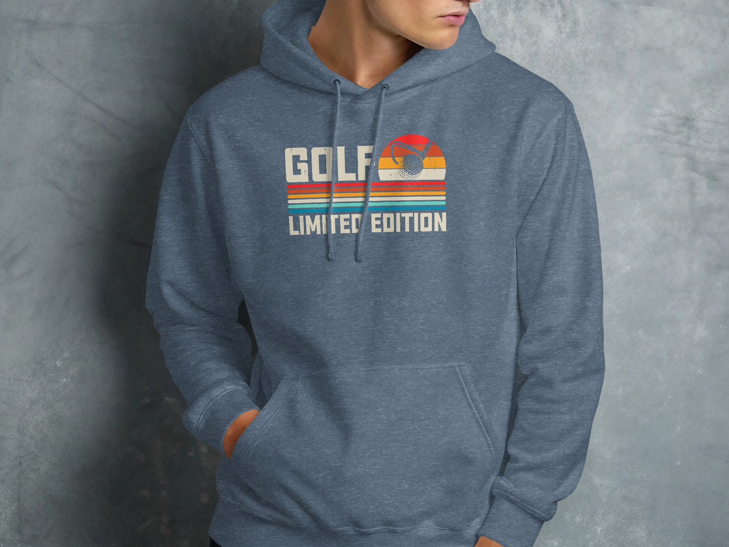 Blue hoodie with "GOLF LIMITED EDITION" text and a sunset golf scene graphic.