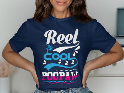 Navy t-shirt with "Reel Cool POOPAW" text and fish graphics.