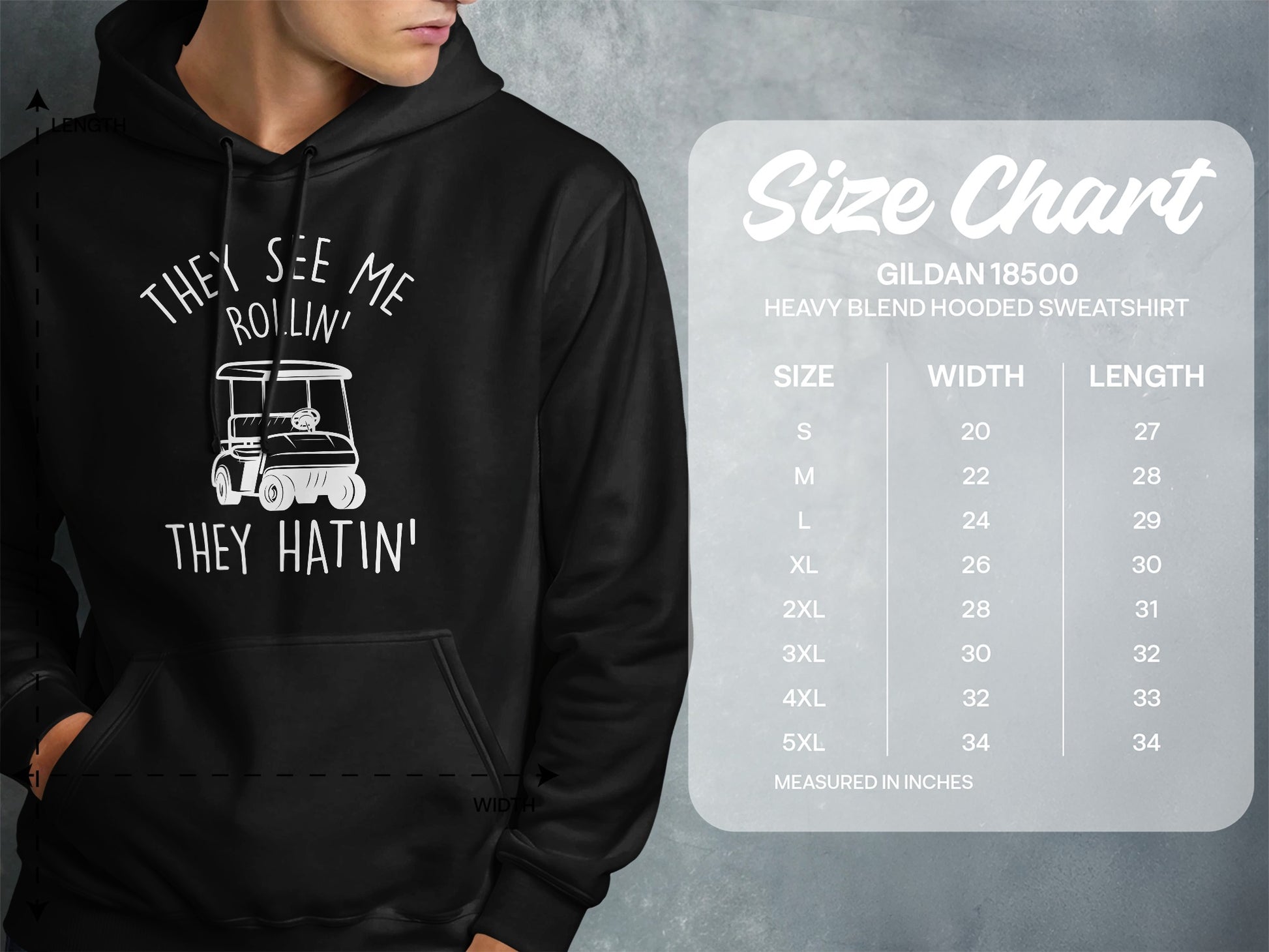Hoodie with "They see me rollin' they hatin'" graphic and size chart.