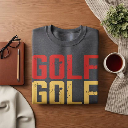 Dark grey sweatshirt with "GOLF GOLF" in red and yellow text.