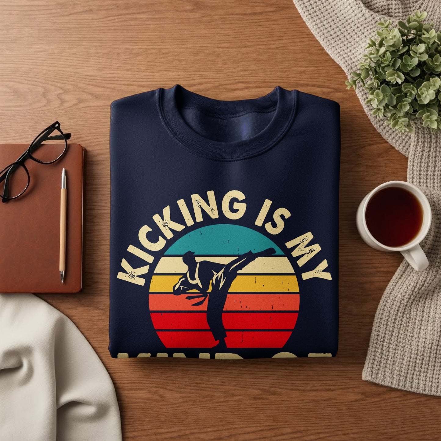 Navy sweatshirt with vintage "Kicking Is My" graphic featuring a martial artist.