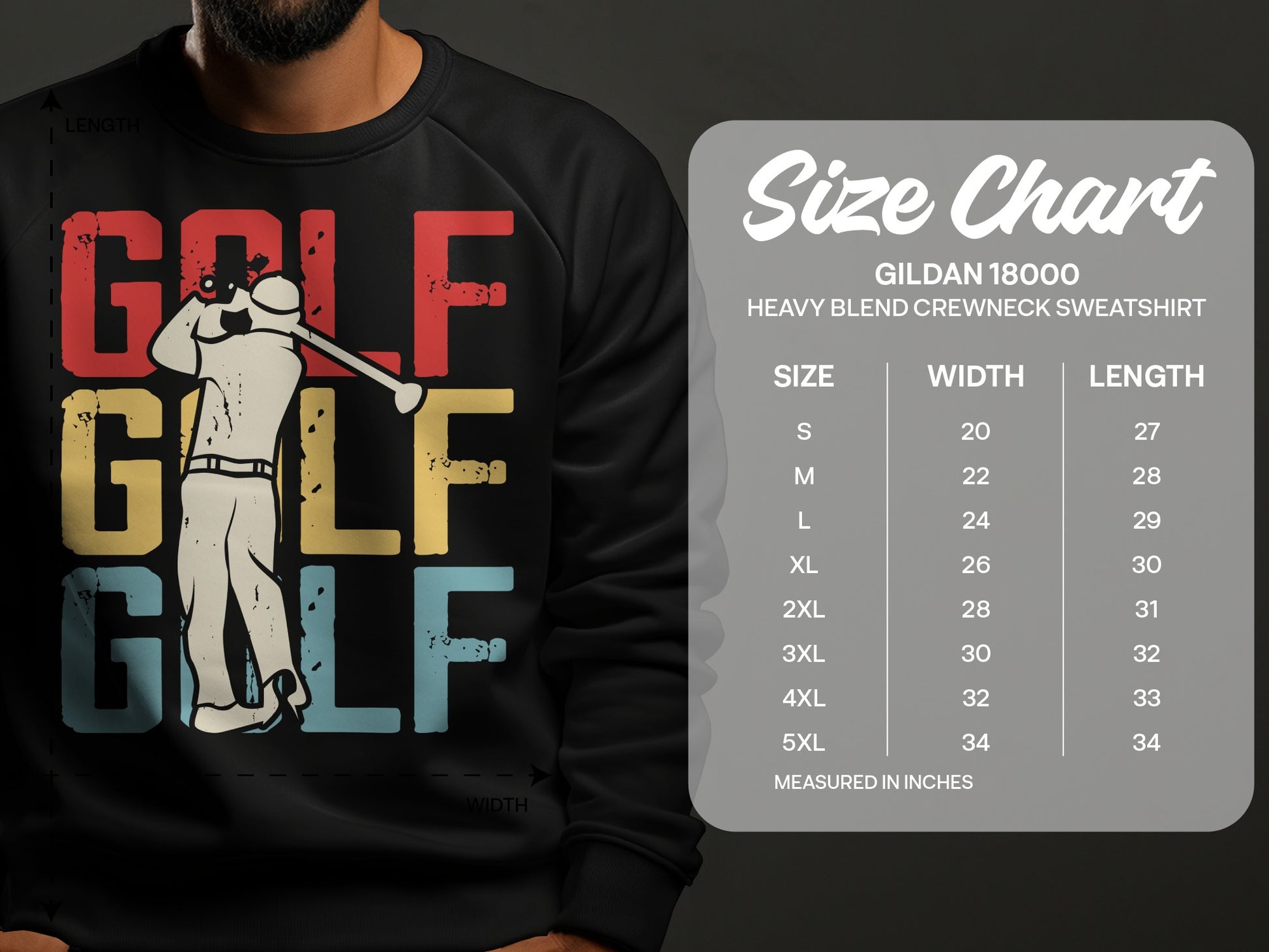 Gildan 18000 sweatshirt size chart with "GOLF" graphic and golfer illustration.
