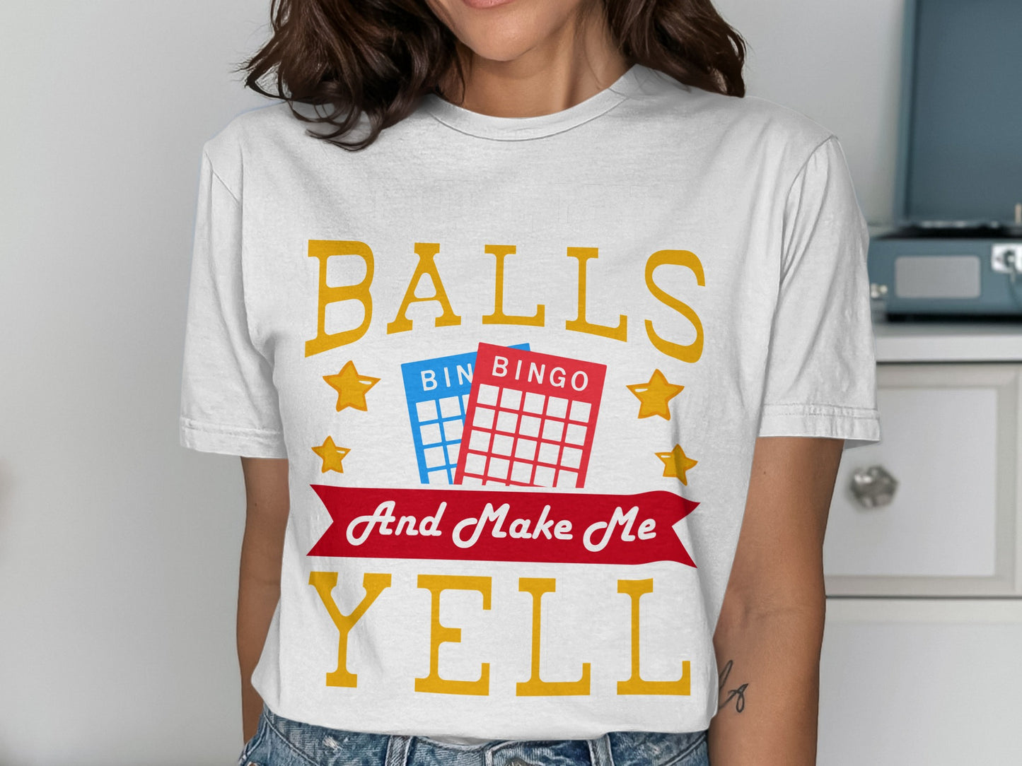 T-shirt with bingo cards and text "Balls Bingo and Make Me Yell".