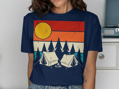 Two tents and pine trees under a setting sun on a striped graphic t-shirt.